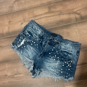 embellished pearl denim shorts